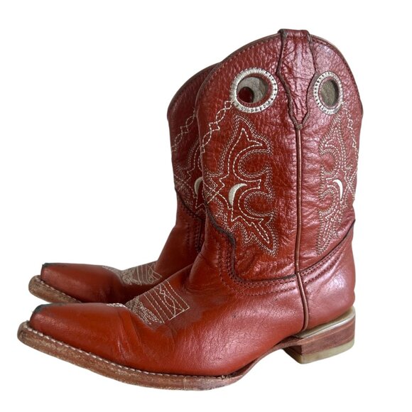 TWINSTONE BOOTS Embroidered Brown Leather Cowboy Boot Kids 17.5 US 2 Snip Toe - Picture 4 of 8